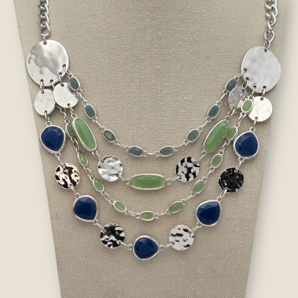 Blue Green Layered Necklace Silver Tone Disc Layered Chain Modern Chic
